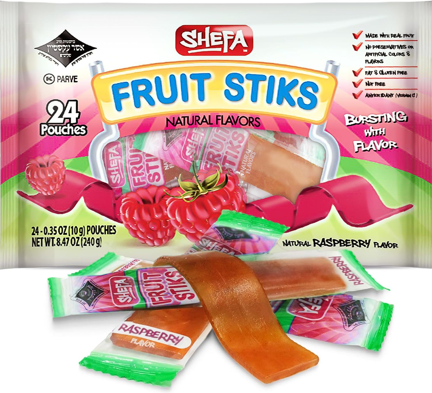Shefa Raspberry Fruit Sticks, (24 Count) | Real Fruit Snacks | Individually Wrapped | Free of Artificial Colors, Dyes or Flavors, Corn Syrup, Gluten, Nuts &amp; Preservatives | Certified Kosher