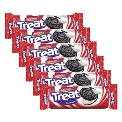 Britannia Treat Vanilla Sandwich Biscuits 3.52oz (100g) - Breakfast &amp; Tea Time Snacks - Delicious Grocery Cookies (Pack of 6)