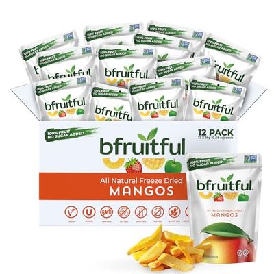 bfruitful Freeze-Dried Mango, Freeze Dried Fresh Fruit Bites, Gluten Free, Vegan, Dairy Free, Kosher, No Sugar Added, Non GMO, Healthy Snacks for Kids or Adults, Single-Serve Snack Packets, 12 Pack