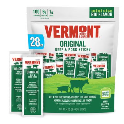 Vermont Smoke &amp; Cure Meat Sticks - Original Beef &amp; Pork Sticks Protein Snacks, No Antibiotics or Added Hormones, School Snack for Lunchbox- 0.5 oz, 28 ct