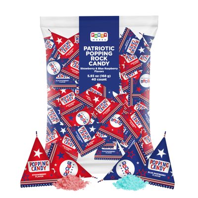 PartyWorks Election Day Candy - Patriotic Popping Rocks Pouches 40-Count Bag - Strawberry, Blue Raspberry Flavors - Individual Triangles