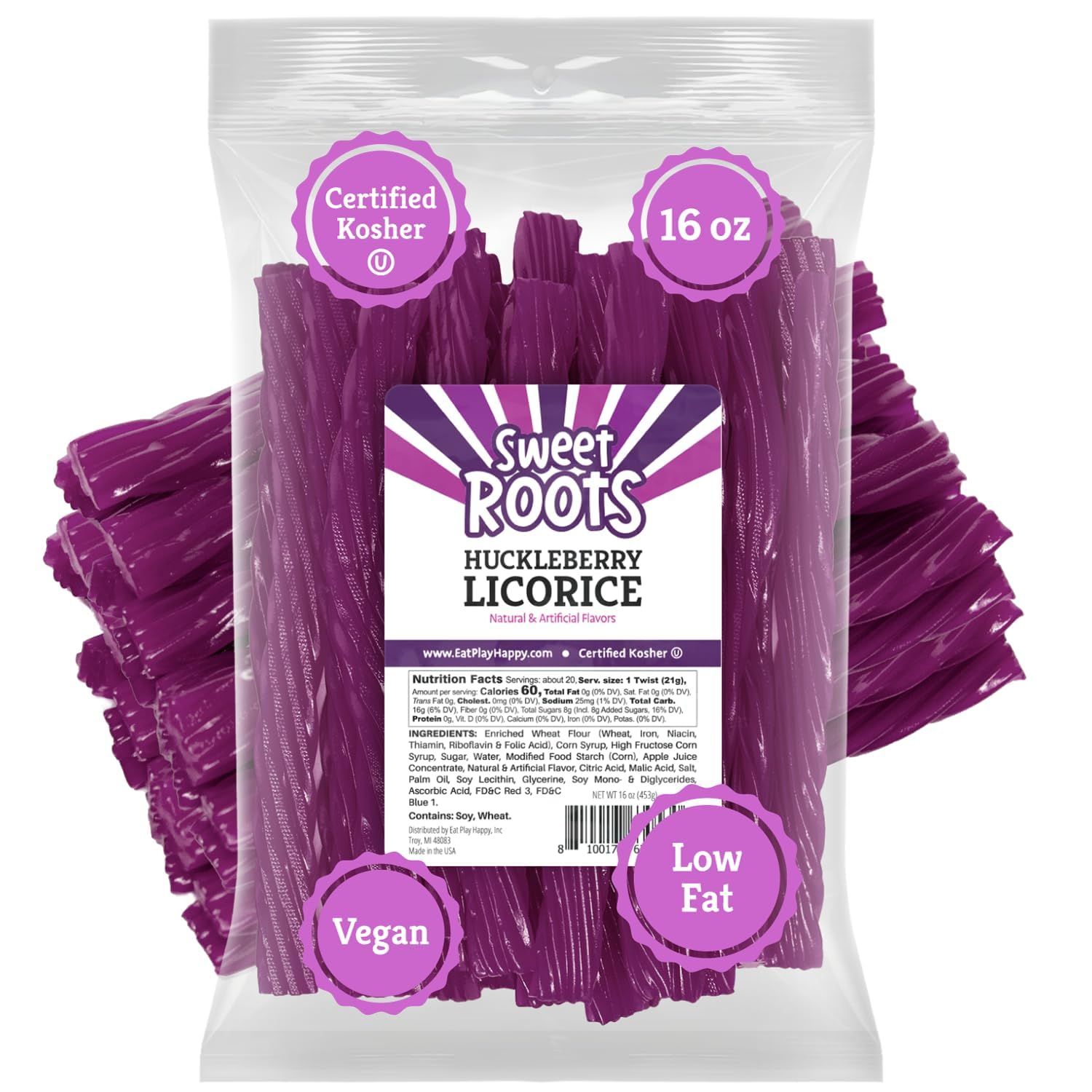 Sweet Roots Huckleberry Licorice Twists (16 oz  1 Bag) - JUMBO Size - Made with Real Fruit Juice Concentrate - Certified Kosher - Vegan - Fat Free