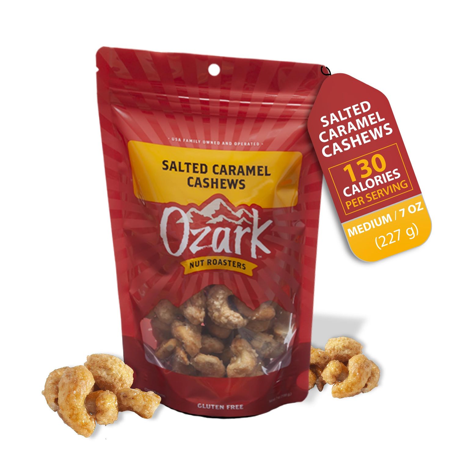 OZARK NUT ROASTERS: Salted Caramel Cashews, Flavored Snack Nuts &amp; Gourmet Candied Peanuts, Blend of Sugar, Sea Salt &amp; Caramel, Pack of 1 (7.0 oz)