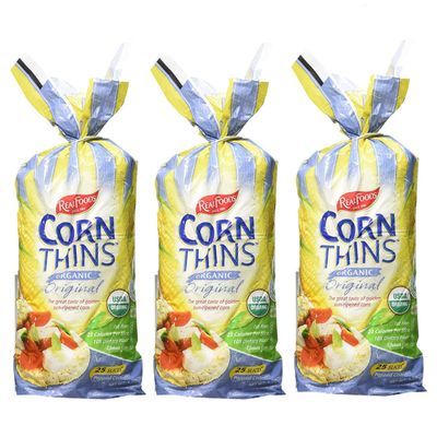 Real Foods Organic Original Corn Thins 5.3oz 3 Pack - Organic Golden Sun-Ripened Corn Cakes - USDA Organic Snack