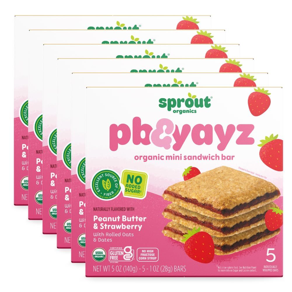 Sprout Organics, PB &amp; Yayz Toddler Snack Bars, Peanut Butter &amp; Strawberry, 5 Individual Bars 1.02 oz Each (6-boxes)