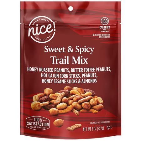 Sweet &amp; Spicy Snack Trail Mix, 8 oz Nice Blend: Honey Roasted Peanuts, Butter Toffee Peanuts, Hot Cajun Corn Sticks, Honey Sesame Sticks, Almonds