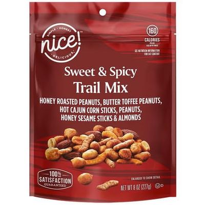 Sweet &amp; Spicy Snack Trail Mix, 8 oz Nice Blend: Honey Roasted Peanuts, Butter Toffee Peanuts, Hot Cajun Corn Sticks, Honey Sesame Sticks, Almonds
