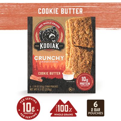 Kodiak Cakes Crunchy Granola Protien Snack Bars, Cookie Butter, High Protein, 100% Whole Grains, 12 boxes with 6 pouches (144 bars)