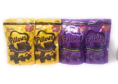 Oishi Pillows Bundle - Ube-Filled &amp; Choco-Filled Crackers 5.29oz, 4 Pack
