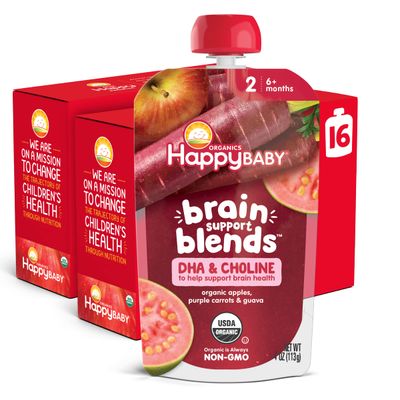Happy Baby Organics Brain Support Blends Apples, Purple Carrots &amp; Guava with DHA and Choline 4oz Pouch (Pack of 16)