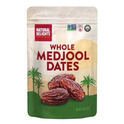 Natural Delights Medjool Dates - Large &amp; Plump Non-GMO Verified, Good Source of Fiber, Naturally Sweet Fruit Snack, Perfect for On-the-Go - Medjool Dates Whole, 8 oz Container