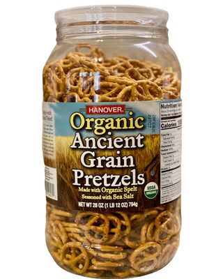 Hanover Organic Ancient Grain Spelt Sea Salt Pretzels Low Fat Cholesterol Trans Fat Free Party Snacks Resealable Container 28 oz Barrel