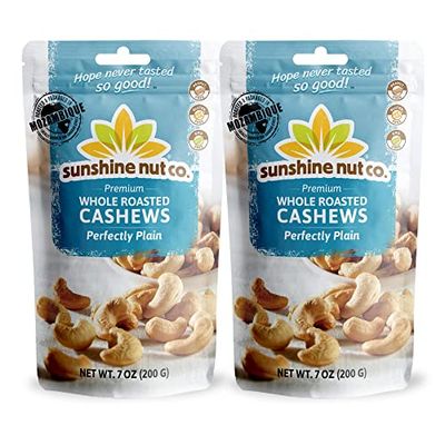 Sunshine Nut Co. Whole Roasted Cashews, Perfectly Plain Flavor, No Added Salt, 2 Pack, 7 oz. Each, Gluten Free, Peanut Free and Vegan Individual Snack Packs for Kids and Adults, GMO Free