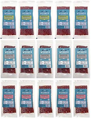 Werner Beef Jerky Slab Variety Pack of 15 - Teriyaki, Sea Salt and Pepper, &amp; Hot and Spicy Jerky Slabs (5 of each) 1 Ounce, Individually Wrapped Meat Snacks