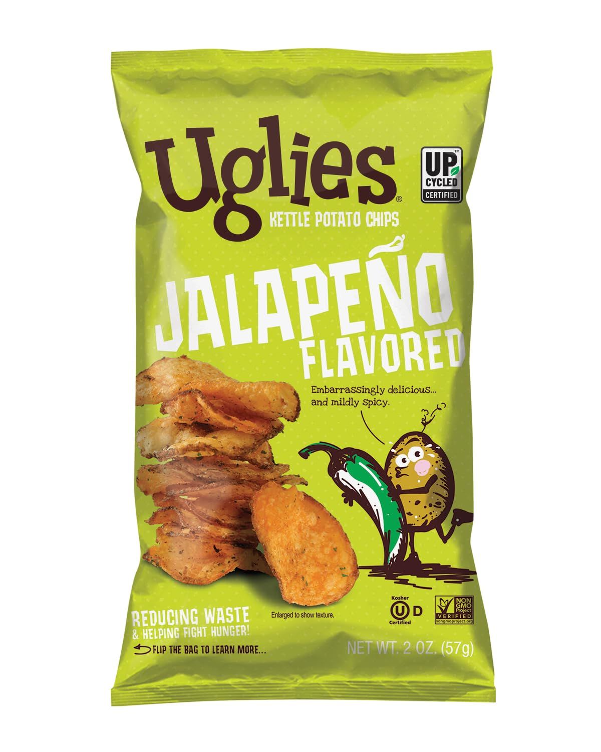 UGLIES Jalapeno Kettle-Cooked Potato Chips, Gluten-Free Snacks, Kosher-Friendly Chips, Non-GMO Snacks for Kids or Office, Lunch Snacks, Individual Snack Packs, 2 Oz. Bags, Pack of 12