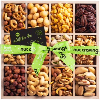 NUT CRAVINGS Gourmet Collection - Christmas Nuts Gift Basket with Happy Holiday Ribbon in Reusable Wooden Tray (12 Assortments) Care Package Variety, Healthy Kosher Snack Box