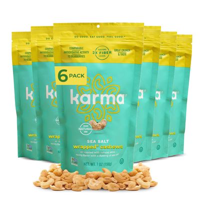 Sea Salt Wrapped Whole Cashews by Karma Nuts, Air Roasted with Natural Skins, 2X more Fiber, Whole 30, Peanut-Free Facility, Kosher, Everyday Nut Snack, 7oz Resealable Bag - 6 pack