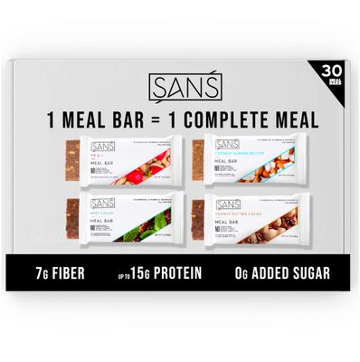 SANS Meal Replacement Protein Bar, Gluten Free, Healthy High Protein Snacks, High Fiber, No Sugar Added, Dairy Free, Soy Free, Variety Pack, 30 Bars