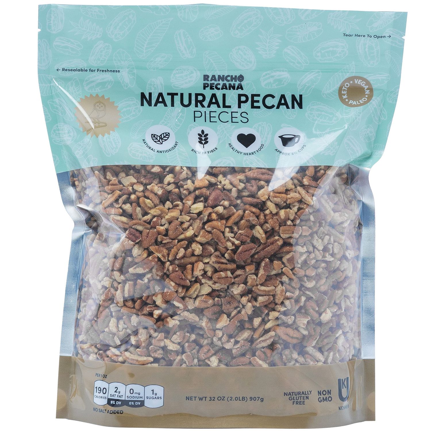 RANCHO PECANA - Natural Pecan Pieces, 2 LB, Gluten Free Chopped Pecans, non-GMO, Vegan Snack, Organic Snack, Kosher, Keto, 3g Protein per 1 oz, Resealable Bag