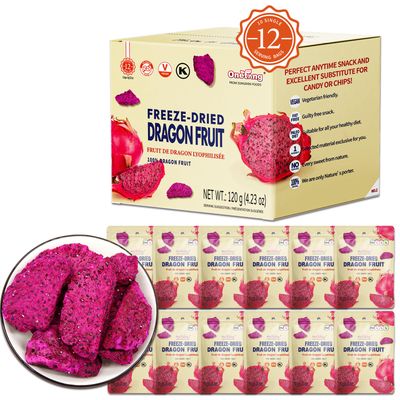 ONETANG Dried Dragon Fruit Chips (Pack of 12) for Drinks Refreshers, Healthy 1 Ingredient Superfood Snack, Crunchy Crisp, Dehydrated Dry Red Pitaya Pieces, Gluten Free Vegan 4.23 Oz