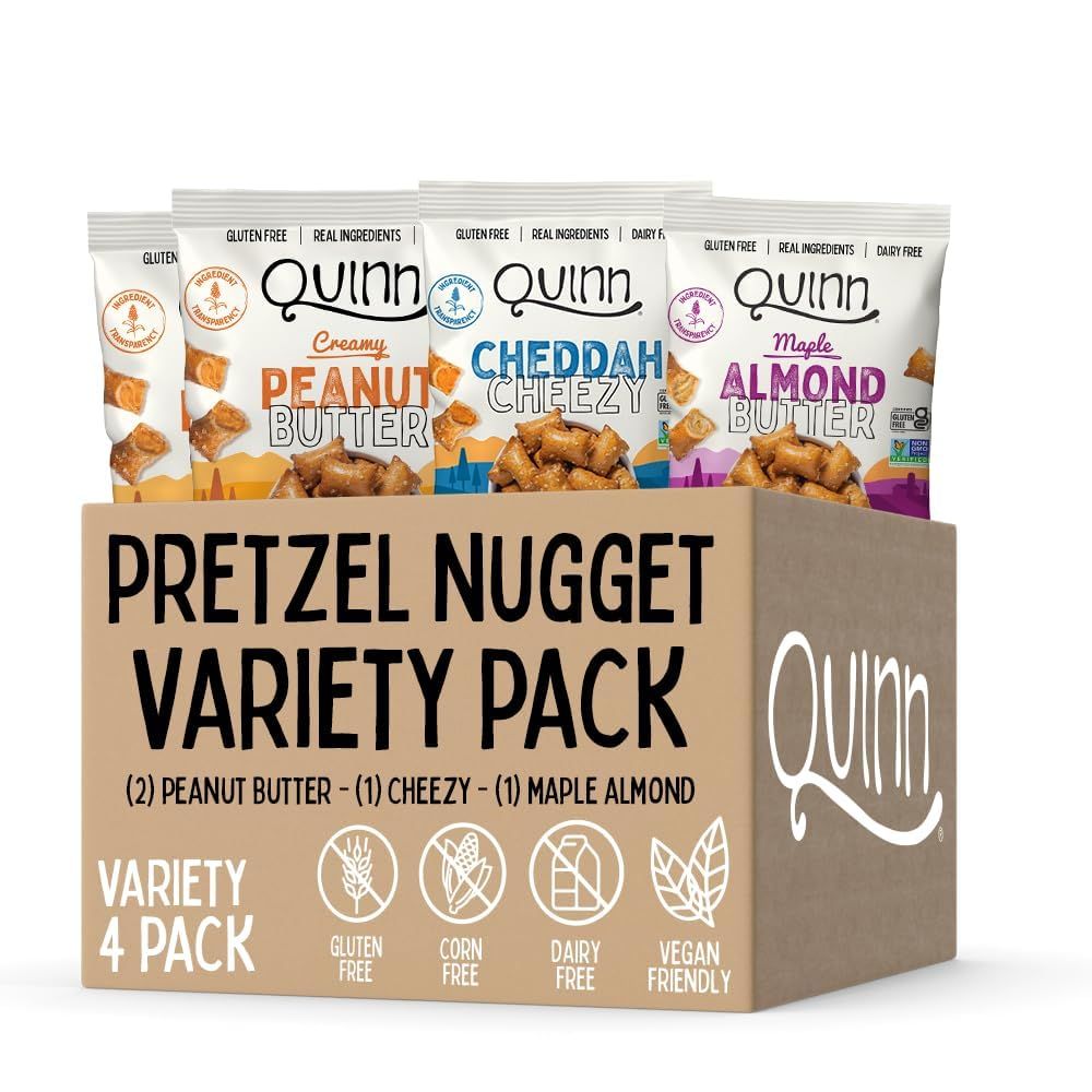 Quinn Gluten Free Pretzel Nuggets Variety Pack - Made with Real Ingredients, Whole Grain Sorghum, Sea Salt, Vegan, Dairy Free, Non-GMO - (2) Peanut Butter, (1) Maple, (1) Cheddah Cheezy (Pack of 4)