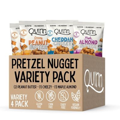 Quinn Gluten Free Pretzel Nuggets Variety Pack - Made with Real Ingredients, Whole Grain Sorghum, Sea Salt, Vegan, Dairy Free, Non-GMO - (2) Peanut Butter, (1) Maple, (1) Cheddah Cheezy (Pack of 4)