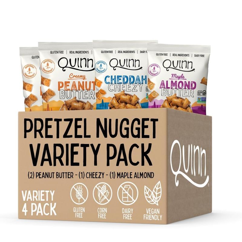 Quinn Gluten Free Pretzel Nuggets Variety Pack - Made with Real Ingredients, Whole Grain Sorghum, Sea Salt, Vegan, Dairy Free, Non-GMO - (2) Peanut Butter, (1) Maple, (1) Cheddah Cheezy (Pack of 4)