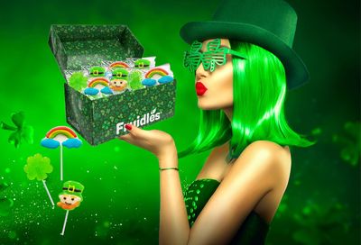 Fruidles St. Patrick's Day Lollipops, Leprechaun, Green Shamrock, and Rainbow Lollipop Suckers, Party Favor Box, Individually Wrapped (24-Pack)