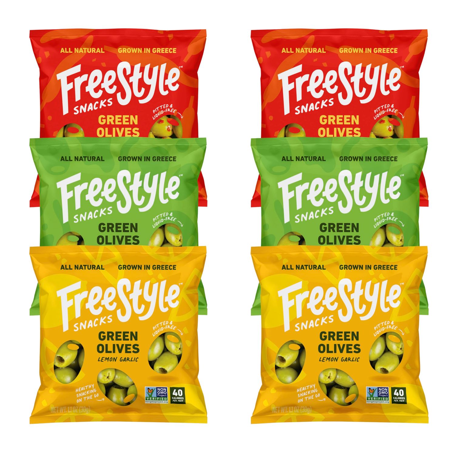 Freestyle Snacks Olive Snack Packs - Single Serve - Fresh Pitted Green Olives, Jumbo-Sized, Grown in Greece, All Natural, Non-GMO, Paleo, Sugar-Free, Keto, Salty Snack - Variety, 1.1oz (6 Pack)