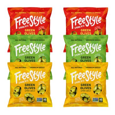 Freestyle Snacks Olive Snack Packs - Single Serve - Fresh Pitted Green Olives, Jumbo-Sized, Grown in Greece, All Natural, Non-GMO, Paleo, Sugar-Free, Keto, Salty Snack - Variety, 1.1oz (6 Pack)