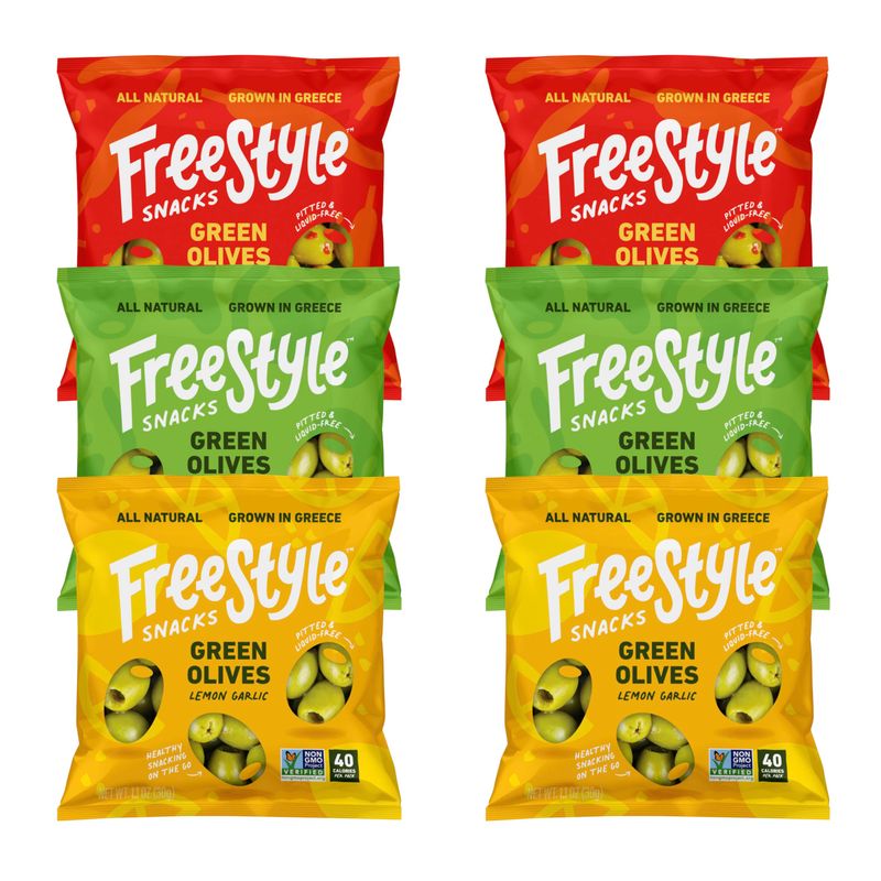 Freestyle Snacks Olive Snack Packs - Single Serve - Fresh Pitted Green Olives, Jumbo-Sized, Grown in Greece, All Natural, Non-GMO, Paleo, Sugar-Free, Keto, Salty Snack - Variety, 1.1oz (6 Pack)