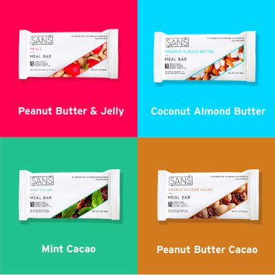 SANS Meal Replacement Protein Bar, Gluten Free, Healthy High Protein Snacks, High Fiber, No Sugar Added, Dairy Free, Soy Free, Variety Pack, 30 Bars