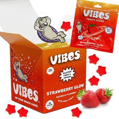 VIBES Strawberry Glow Fruity Stars - Delicious Low Calorie Gluten-Free Bulk Fruit Snacks - High Fiber Healthy Fruit Snacks for Kids, Teens, &amp; Adults -2g Sugar - 6 Packs of 18 Fruit Gummies