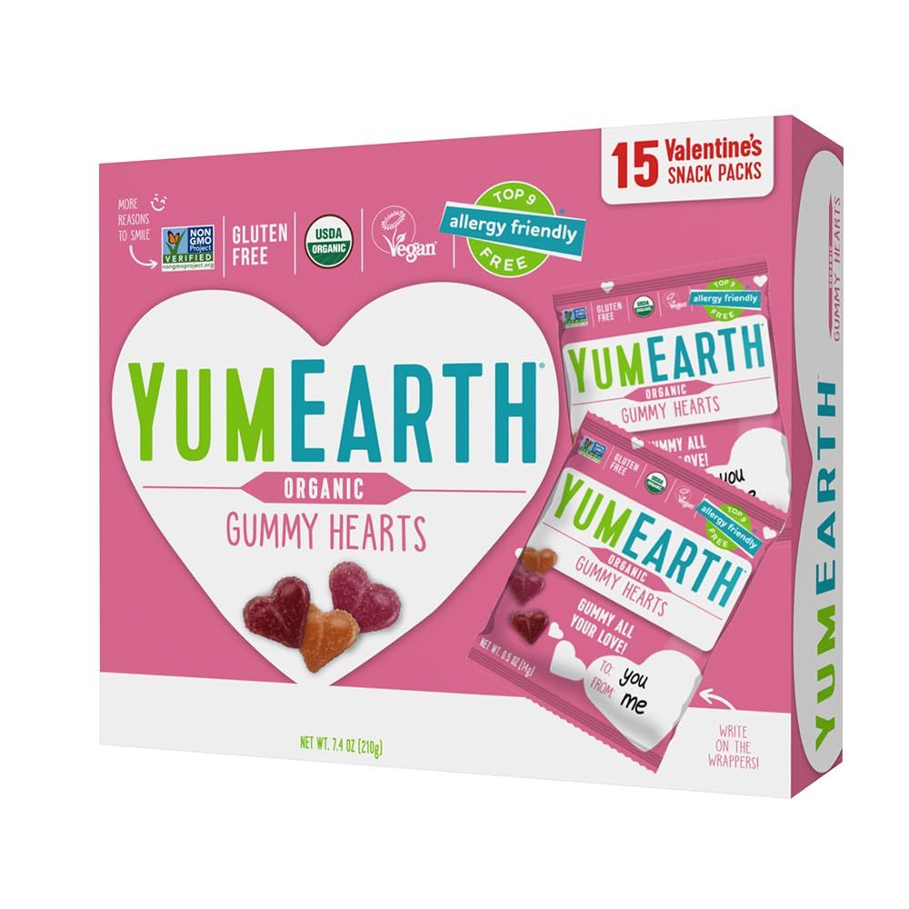 YumEarth Organic Valentine Sugarcoated Gummy Fruit Hearts - Fruity Candy, Gluten Free Snacks for Kids - Allergy Friendly, Non-GMO, No Artificial Flavors or Dyes - Assorted Flavors, 7.5 oz (Pack of 15)