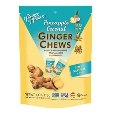 Prince of Peace Pineapple Coconut Ginger Chews - Candied Ginger - 4 oz. bag - Candy Pack - Natural Candy - Healthy Snack - Vegan and Gluten-Free