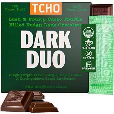 TCHO Dark Duo Dark Chocolate Bars (1 pack) | Single Origin, Plant Based, Organic &amp; Fair Trade | Non GMO, Non-Dairy, Vegan, Soy Free - Fudgy Dark Chocolate wFruity Cacao Truffle Filling (2.5oz each)