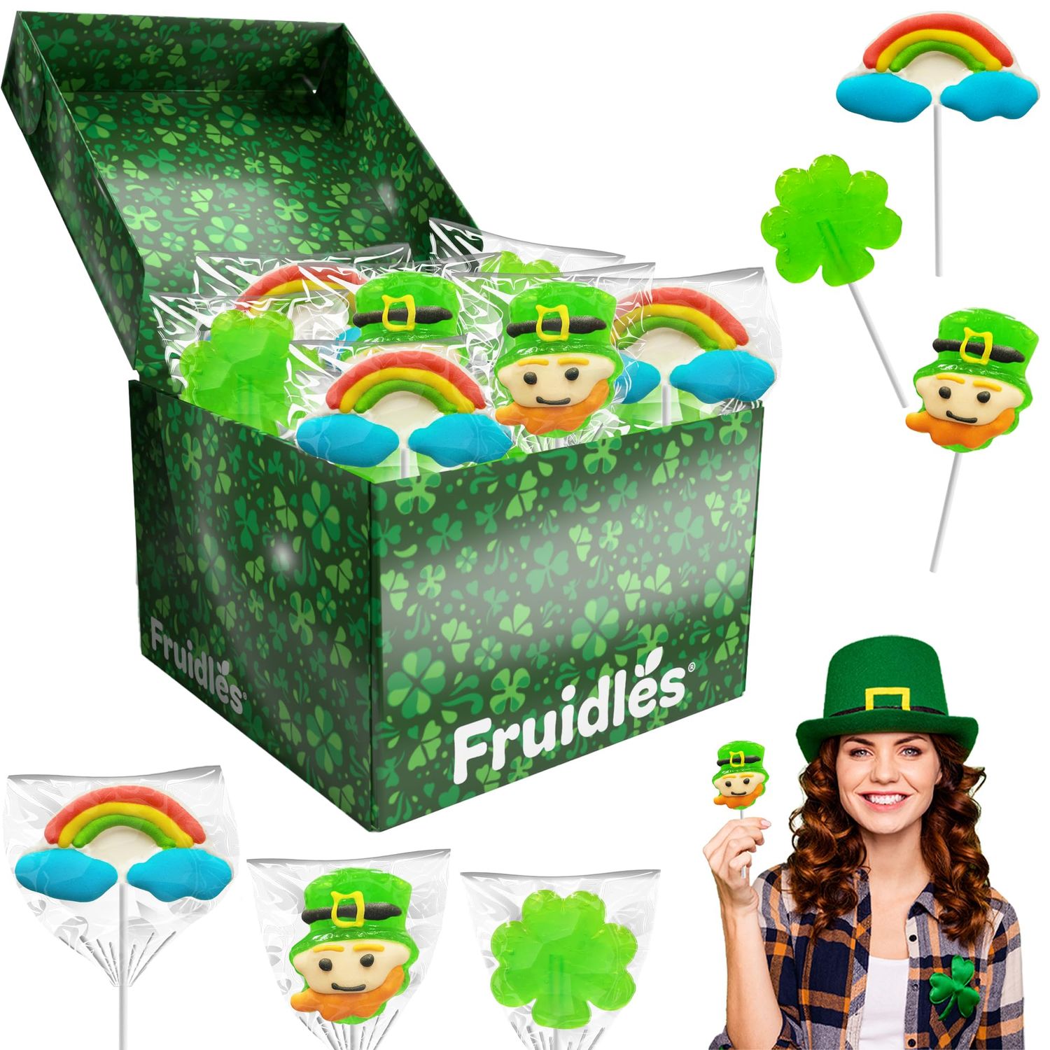 Fruidles St. Patrick&#39;s Day Lollipops, Leprechaun, Green Shamrock, and Rainbow Lollipop Suckers, Party Favor Box, Individually Wrapped (24-Pack)