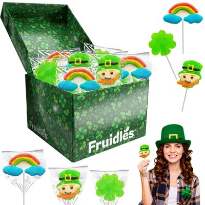 Fruidles St. Patrick&#39;s Day Lollipops, Leprechaun, Green Shamrock, and Rainbow Lollipop Suckers, Party Favor Box, Individually Wrapped (24-Pack)
