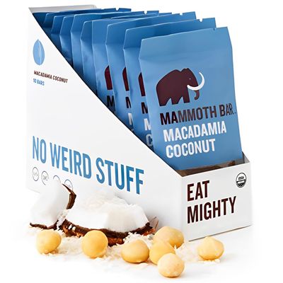 Mammoth Bar Macadamia Coconut Bar - Organic Snack Bar Packed with 10g Protein. Made with Premium Macadamia Nuts &amp; Egg White Protein. Paleo  Gluten Free  GMO Free  Raw