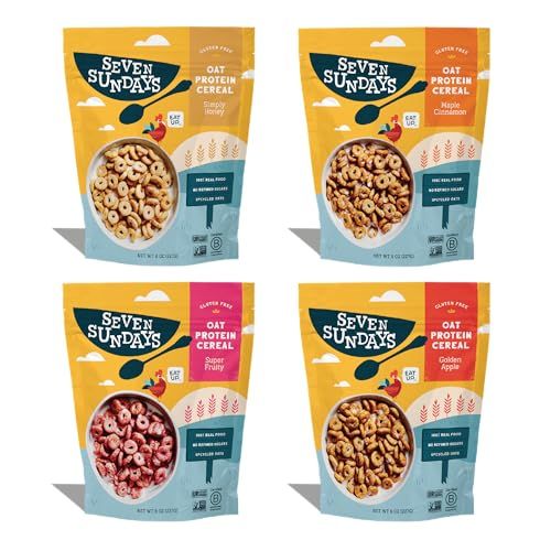 Seven Sundays Oat Protein Cereal, Variety Pack, 8 Oz Bag (Pack of 4), Gluten Free, 5g Upcycled Protein, 0g Refined Sugar, Crunchy Sweet Snack