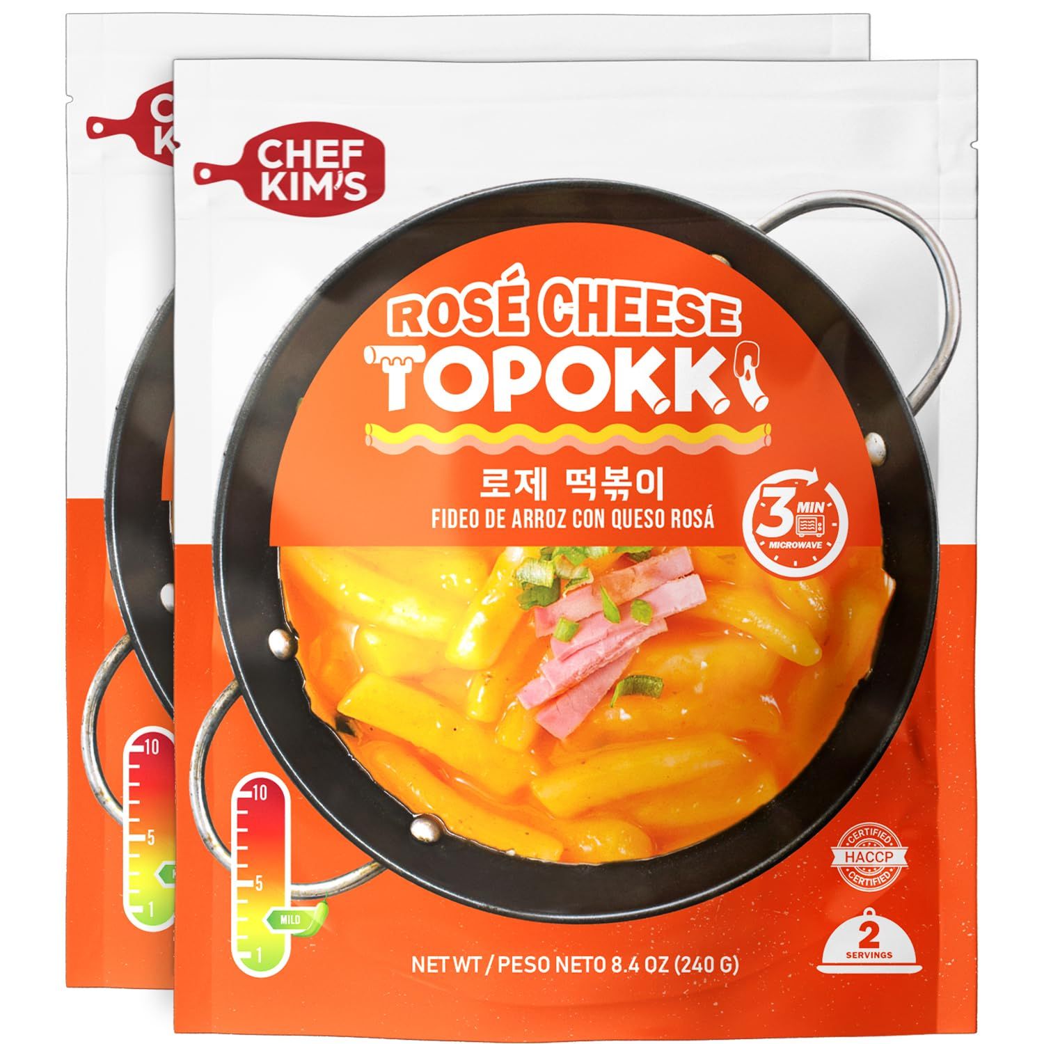 Chef Kims Ros Cheese Topokki - Iconic Korean Food Snack, Instant Tteokbokki Rice Cakes Made with Mildly Spicy and Creamy Gochujang Cheese Sauce, Ready-to-Eat Meals, 8.4 Oz (Pack of 2)