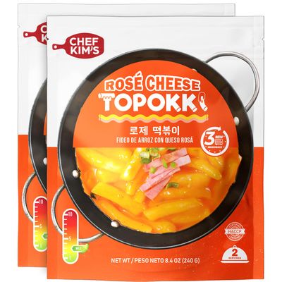 Chef Kims Ros Cheese Topokki - Iconic Korean Food Snack, Instant Tteokbokki Rice Cakes Made with Mildly Spicy and Creamy Gochujang Cheese Sauce, Ready-to-Eat Meals, 8.4 Oz (Pack of 2)