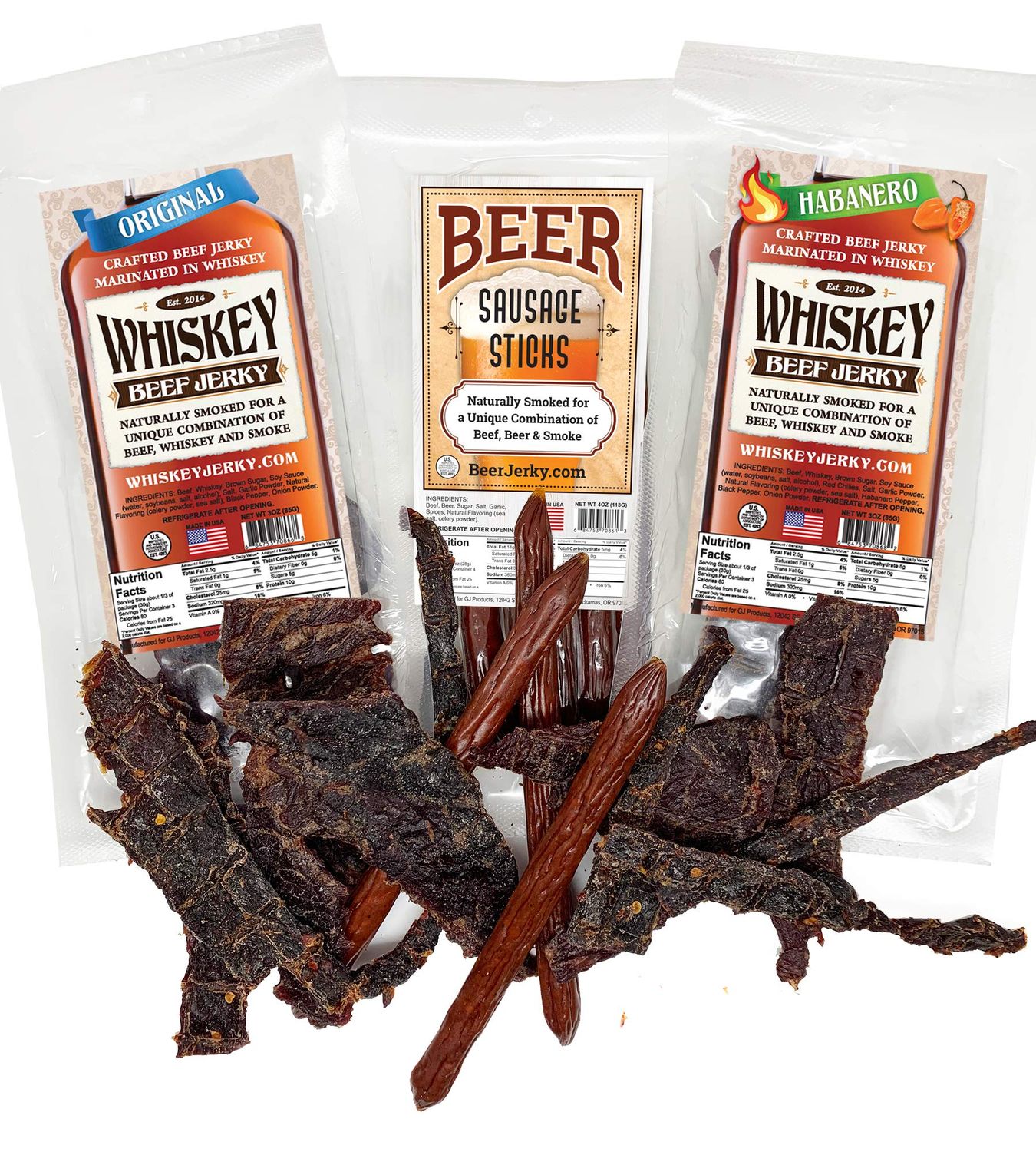 WhiskeyJerky.com, Beef Jerky and Sausage Sticks Marinated in Whiskey, Variety 3-Packs, Jerky Gifts for men (Orig &amp; Habanero Whiskey JerkyBeer Sausage)