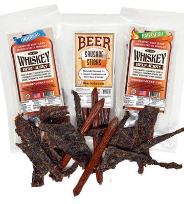 WhiskeyJerky.com, Beef Jerky and Sausage Sticks Marinated in Whiskey, Variety 3-Packs, Jerky Gifts for men (Orig &amp; Habanero Whiskey JerkyBeer Sausage)