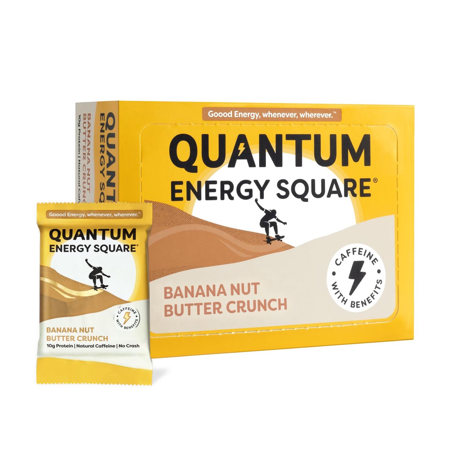 Quantum Energy Square: Energy Bar with Caffeine &amp; 10g Protein. Delicious Healthy Snack On The Go. (Vegan, Gluten-free, Soy-free, Dairy-free). Flavor: Banana Nut Butter Crunch 8Pk