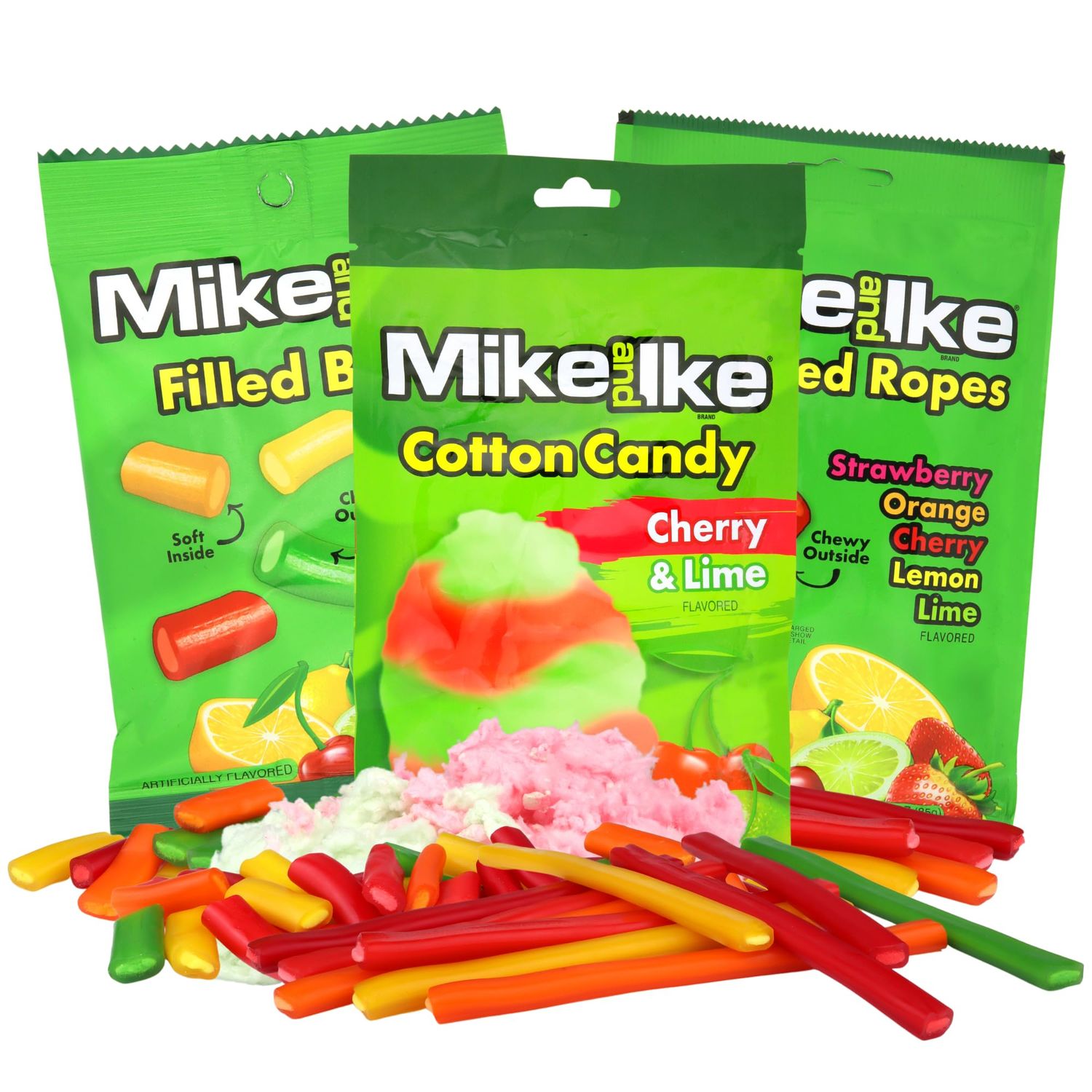 Mike and Ike Fruity Treat Bundle with Filled Bites, Chewy Ropes, and Cotton Candy, Party Favors and On-the-Go Snacks, 3 Ounces, (Pack of 3)