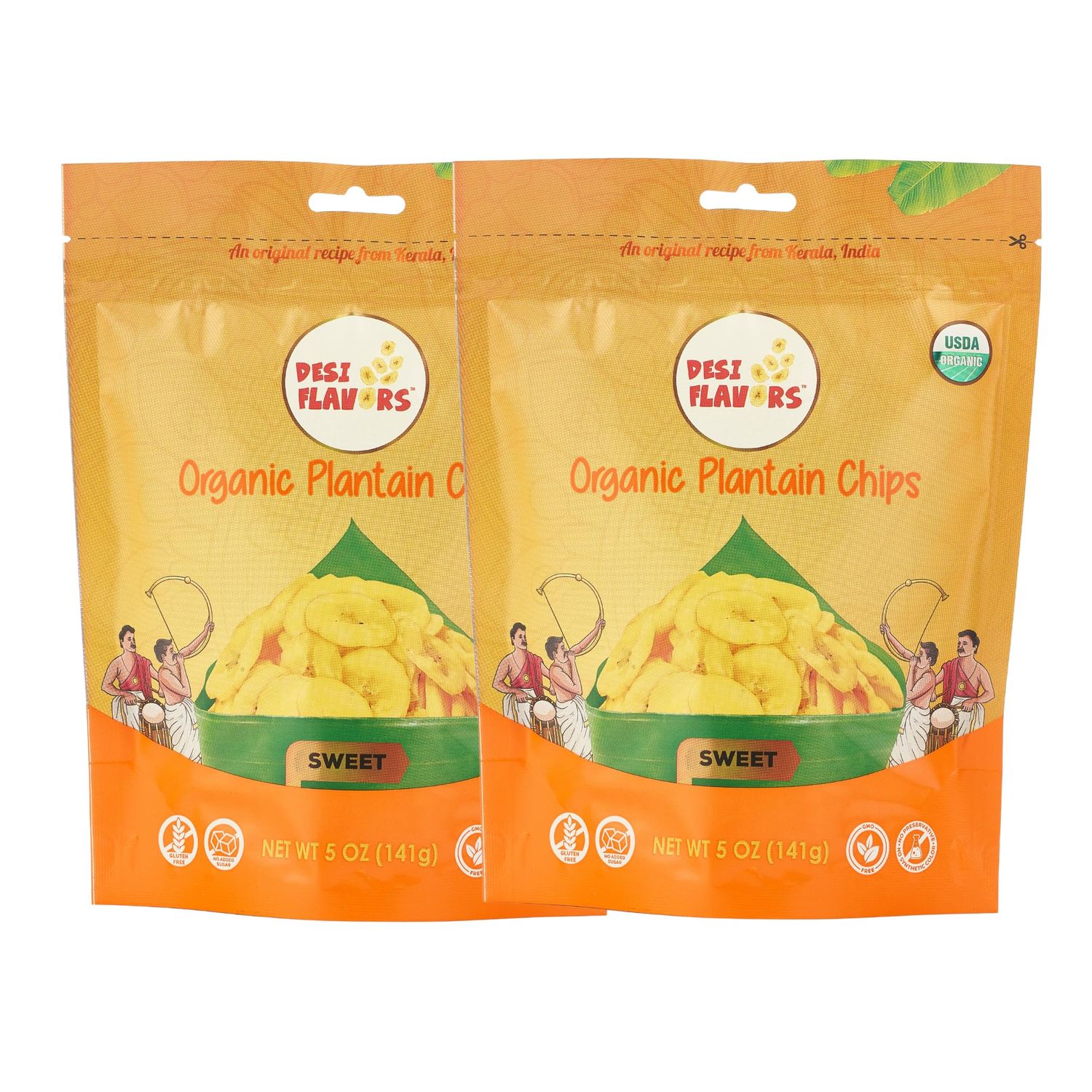 Desi Flavors Organic Plantain Chips | Kerala Banana Chips | Healthy Palm Oil Plantain Chip Snacks | Sweet | 10 oz (Pack of 2 Bags)