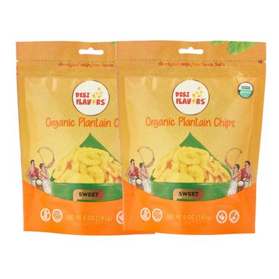 Desi Flavors Organic Plantain Chips | Kerala Banana Chips | Healthy Palm Oil Plantain Chip Snacks | Sweet | 10 oz (Pack of 2 Bags)