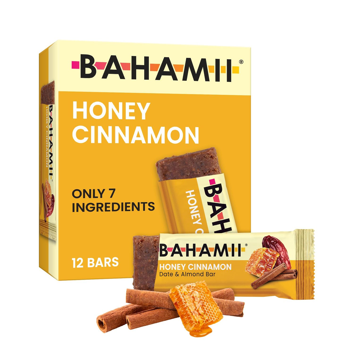 Bahamii - Almond &amp; Date Bars (Honey Cinnamon) - Healthy Snack Bars with Dates - Non-GMO, Gluten-Free, Dairy-Free, Kosher, and No Sugar Added Fruit and Nut Bars - Simple Ingredient Snack (12-Pack)