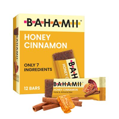 Bahamii - Almond &amp; Date Bars (Honey Cinnamon) - Healthy Snack Bars with Dates - Non-GMO, Gluten-Free, Dairy-Free, Kosher, and No Sugar Added Fruit and Nut Bars - Simple Ingredient Snack (12-Pack)